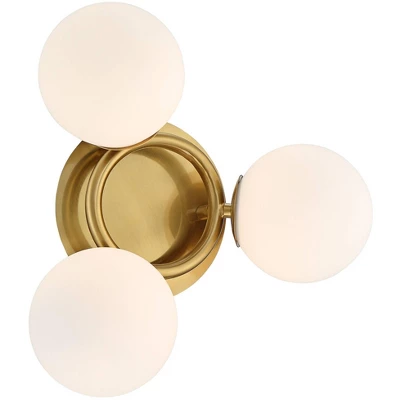 Possini Euro Design Modern Ceiling Light Flush Mount Fixture Brass 18" Wide 3-Light Frosted White Glass Globes Bedroom Living Room 5 Possini Euro Design Modern Ceiling Light Flush Mount Fixture Brass 18" Wide 3-Light Frosted White Glass Globes Bedroom Living Room - Image 5