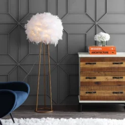 52" Metal Feather Floor Lamp (Includes LED Light Bulb) White/Gold - Jonathan Y