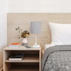 19.5" Bedside Power Outlet Base Metal Table Desk Lamp In White With Gray Fabric Shade - Creekwood Home -Safavieh Outlet Store GUEST 323aceae 1637 430b b380 1dcb6147741e