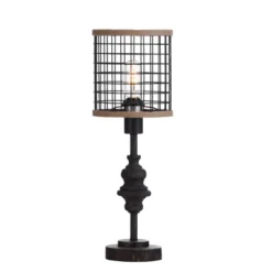 20" Metal Table Lamp With Caged Shade Black/Natural - StyleCraft