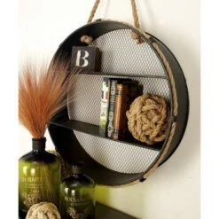 Metal Round 2 Shelf Wall Shelf With Hanging Rope Black - Olivia & May