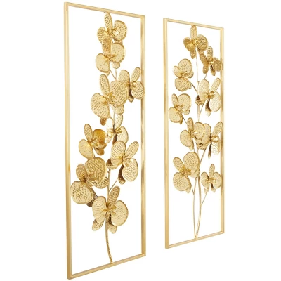 Set Of 2 Metal Floral Orchid Wall Decors With Gold Frame - CosmoLiving By Cosmopolitan 1 Set Of 2 Metal Floral Orchid Wall Decors With Gold Frame - CosmoLiving By Cosmopolitan