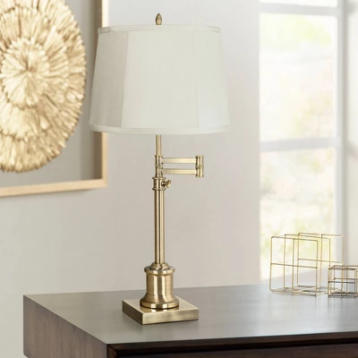 360 Lighting Swing Arm Desk Table Lamp 36" Tall Antique Brass Beige Fabric Drum Shade For Living Room Bedroom Bedside Office Family 1 360 Lighting Swing Arm Desk Table Lamp 36" Tall Antique Brass Beige Fabric Drum Shade For Living Room Bedroom Bedside Office Family