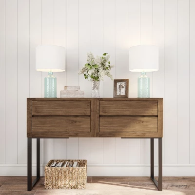 Hastings Home Blue Glass Open Base Table Lamp With LED Bulb And Modern Shade For Coastal, Nautical, And Rustic Cottage Styles 3 Hastings Home Blue Glass Open Base Table Lamp With LED Bulb And Modern Shade For Coastal, Nautical, And Rustic Cottage Styles - Image 3