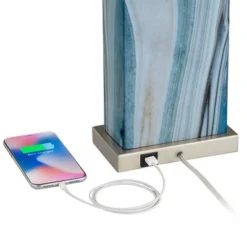 360 Lighting Connie Modern Table Lamps 25" High Set Of 2 Blue Faux Marble With USB Charging Ports LED White Shade For Bedroom Living Room House Desk -Safavieh Outlet Store GUEST 4cf6a2c4 b871 4398 af22 3a98d79344df