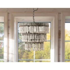 3-Tier Round Metal Chandelier With 3 Lights And Hanging Wood Beads Cream - Storied Home -Safavieh Outlet Store GUEST 519910dc 1efd 4a11 bb78 9259d59994b2