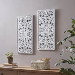 (Set Of 2) 15.5" X 31.5" Botanical Wood Carved Wall Panel White -Safavieh Outlet Store GUEST 53613693 7e9c 4ebb b141 5637a0c3d8c3