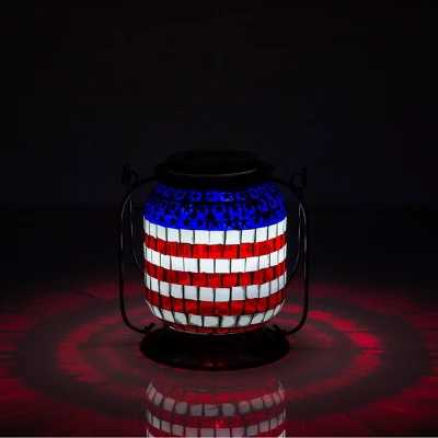 7" Solar Patriotic Glass/Iron Hanging Lantern With LED Lights Cool White - Alpine Corporation 3 7" Solar Patriotic Glass/Iron Hanging Lantern With LED Lights Cool White - Alpine Corporation - Image 3