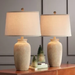 Regency Hill Rustic Farmhouse Table Lamps 25 1/2" High Set Of 2 Beige Oatmeal Fabric Drum Shades For Living Room Bedroom House -Safavieh Outlet Store GUEST 5d35d3e0 141f 4735 955b 664ac3c2b4e8