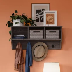 Woodbury Wall Shelf With Cubbies And Hooks Woodgrain - RiverRidge Home -Safavieh Outlet Store GUEST 5e31ff2d 4559 4698 ba19 1981831cd196