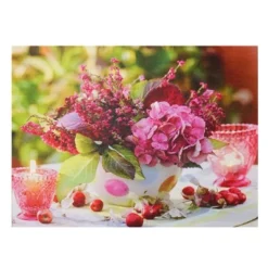 Northlight LED Lighted Candles And Pink Floral Arrangement With Berries Canvas Wall Art 11.75" X 15.75"