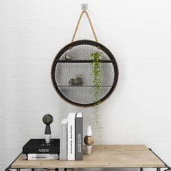 Metal Round 2 Shelf Wall Shelf With Hanging Rope Black - Olivia & May -Safavieh Outlet Store GUEST 7121b1a4 654c 4177 a3bb 14fb6deb5e7a