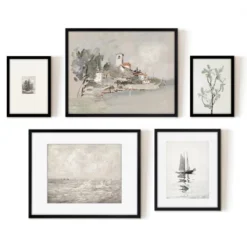 Americanflat 5 Piece Vintage Gallery Wall Art Set - Seaside Villa, Seascape In Greys, Calm Sailing, Tree Etching By Maple + Oak -Safavieh Outlet Store GUEST 72bb1d77 3c22 4f3e ac9f 6f59b372fbab