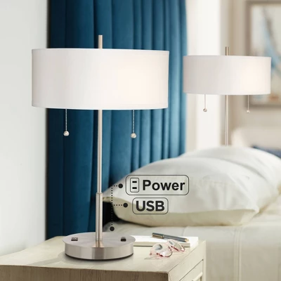 360 Lighting Nikola Modern Accent Table Lamps 23 3/4" High Set Of 2 Silver With USB And AC Power Outlet In Base White Drum Shade For Bedroom Home Desk 1 360 Lighting Nikola Modern Accent Table Lamps 23 3/4" High Set Of 2 Silver With USB And AC Power Outlet In Base White Drum Shade For Bedroom Home Desk