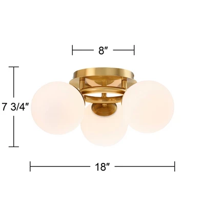 Possini Euro Design Modern Ceiling Light Flush Mount Fixture Brass 18" Wide 3-Light Frosted White Glass Globes Bedroom Living Room 6 Possini Euro Design Modern Ceiling Light Flush Mount Fixture Brass 18" Wide 3-Light Frosted White Glass Globes Bedroom Living Room - Image 6