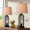 360 Lighting Marcel Industrial Table Lamps 24 1/4" High Set Of 2 Black With USB Port LED Nightlight Burlap Drum Shade For Bedroom Living Room Desk
