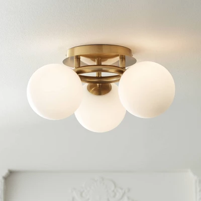 Possini Euro Design Modern Ceiling Light Flush Mount Fixture Brass 18" Wide 3-Light Frosted White Glass Globes Bedroom Living Room 1 Possini Euro Design Modern Ceiling Light Flush Mount Fixture Brass 18" Wide 3-Light Frosted White Glass Globes Bedroom Living Room