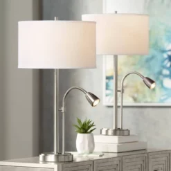 Possini Euro Design Traverse Modern Table Lamps Set Of 2 29 1/2" Tall Brushed Nickel With USB Charging Port LED Gooseneck White Drum Shade For Desk -Safavieh Outlet Store GUEST 926e3bce 7e42 4fa3 a6a2 44a599015bc1