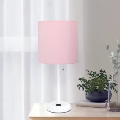 19.5" Bedside Power Outlet Base Metal Table Desk Lamp In White With Light Pink Fabric Shade - Creekwood Home -Safavieh Outlet Store GUEST 95311803 1b91 4c67 81ca 55836b35ac3a