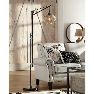 Franklin Iron Works Industrial Downbridge Floor Lamp 66" Tall Bronze Cognac Glass Dimmable LED Edison Bulb For Living Room Reading Office 1 Franklin Iron Works Industrial Downbridge Floor Lamp 66" Tall Bronze Cognac Glass Dimmable LED Edison Bulb For Living Room Reading Office