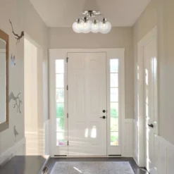 18" 4-Light Piper Farmhouse Rustic Iron/Glass LED Semi Flush Mount Nickel/Clear - JONATHAN Y -Safavieh Outlet Store GUEST 96676dc3 db2f 44af 92a8 8e052679df65