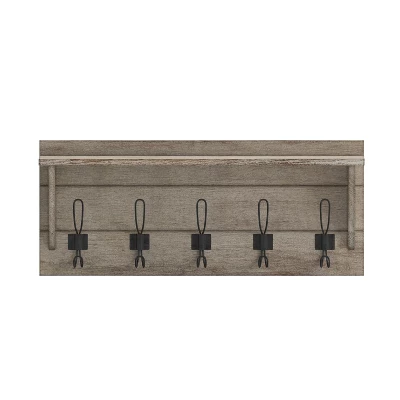 Merrick Lane Pine Wood 24 Inch Wall Mount Storage Rack With 5 Hanging Hooks And Upper Display Shelf 10 Merrick Lane Pine Wood 24 Inch Wall Mount Storage Rack With 5 Hanging Hooks And Upper Display Shelf - Image 10