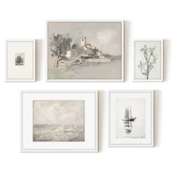 Americanflat 5 Piece Vintage Gallery Wall Art Set - Seaside Villa, Seascape In Greys, Calm Sailing, Tree Etching By Maple + Oak -Safavieh Outlet Store GUEST ad10a2ed 18ed 4db5 9c88 9b39b7c0f864