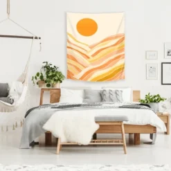Golden Mountain Sunset By Modern Tropical Wall Tapestry