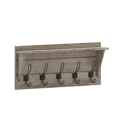 Merrick Lane Pine Wood 24 Inch Wall Mount Storage Rack With 5 Hanging Hooks And Upper Display Shelf 11 Merrick Lane Pine Wood 24 Inch Wall Mount Storage Rack With 5 Hanging Hooks And Upper Display Shelf - Image 11