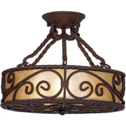 John Timberland Natural Mica Rustic Ceiling Light Semi Flush Mount Fixture 15" Wide Deep Walnut Scroll 3-Light Drum Shade For Bedroom Living Room Home -Safavieh Outlet Store GUEST be0b88f4 ad37 4755 b986 df767523fdb2