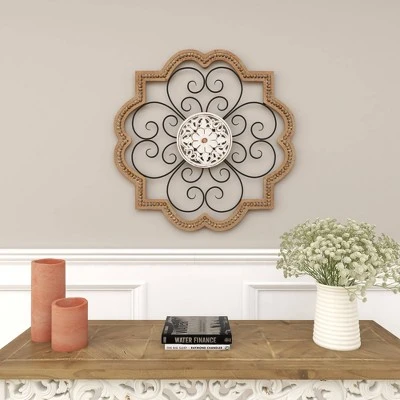 Wood Scroll Carved Beading Wall Decor With Metal Accents Brown - Olivia & May 14 Wood Scroll Carved Beading Wall Decor With Metal Accents Brown - Olivia & May - Image 14