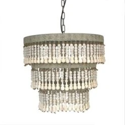 3-Tier Round Metal Chandelier With 3 Lights And Hanging Wood Beads Cream - Storied Home