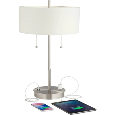 360 Lighting Nikola Modern Accent Table Lamps 23 3/4" High Set Of 2 Silver With USB And AC Power Outlet In Base White Drum Shade For Bedroom Home Desk 2 360 Lighting Nikola Modern Accent Table Lamps 23 3/4" High Set Of 2 Silver With USB And AC Power Outlet In Base White Drum Shade For Bedroom Home Desk - Image 2