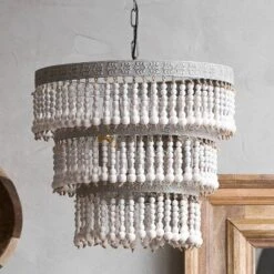 3-Tier Round Metal Chandelier With 3 Lights And Hanging Wood Beads Cream - Storied Home -Safavieh Outlet Store GUEST ca6d316d 5c26 47ed 87b0 d32c2d3c9e65