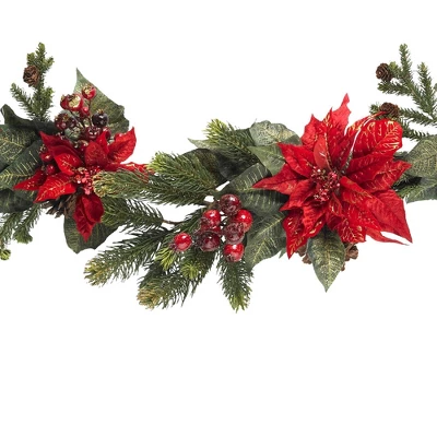 60" Poinsettia & Berry Garland - Nearly Natural 2 60" Poinsettia & Berry Garland - Nearly Natural - Image 2