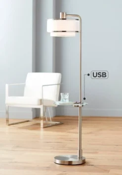 Possini Euro Design Vogue Modern Floor Lamp With Tray Table 60" Tall Brushed Nickel USB Charging Port Organza Outer White Inner Shade For Living Room