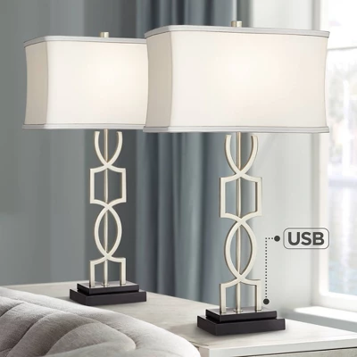 360 Lighting Evan Modern Table Lamps 28 1/2" Tall Set Of 2 Brushed Nickel With USB Charging Port White Rectangular Shade For Bedroom Living Room House 1 360 Lighting Evan Modern Table Lamps 28 1/2" Tall Set Of 2 Brushed Nickel With USB Charging Port White Rectangular Shade For Bedroom Living Room House