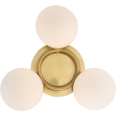 Possini Euro Design Modern Ceiling Light Flush Mount Fixture Brass 18" Wide 3-Light Frosted White Glass Globes Bedroom Living Room 3 Possini Euro Design Modern Ceiling Light Flush Mount Fixture Brass 18" Wide 3-Light Frosted White Glass Globes Bedroom Living Room - Image 3