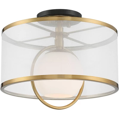 Possini Euro Design Carlyn Modern Art Deco Ceiling Light Semi Flush Mount Fixture 14" Wide Warm Brass Black Orb Organza Drum Shade For Bedroom Kitchen 5 Possini Euro Design Carlyn Modern Art Deco Ceiling Light Semi Flush Mount Fixture 14" Wide Warm Brass Black Orb Organza Drum Shade For Bedroom Kitchen - Image 5