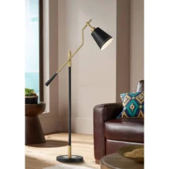 Possini Euro Design Modern Pharmacy Floor Lamp 54" Tall Matte Black Warm Gold Adjustable Metal Shade For Living Room Reading House