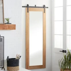 Wood Wall Mirror With Metal Hanging Rod Brown - Olivia & May