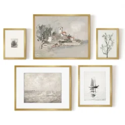 Americanflat 5 Piece Vintage Gallery Wall Art Set - Seaside Villa, Seascape In Greys, Calm Sailing, Tree Etching By Maple + Oak -Safavieh Outlet Store GUEST ea4c3663 2987 4bf8 8aad a8eb0cd86931