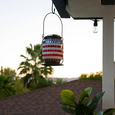 7" Solar Patriotic Glass/Iron Hanging Lantern With LED Lights Cool White - Alpine Corporation 1 7" Solar Patriotic Glass/Iron Hanging Lantern With LED Lights Cool White - Alpine Corporation