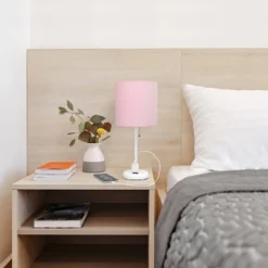 19.5" Bedside Power Outlet Base Metal Table Desk Lamp In White With Light Pink Fabric Shade - Creekwood Home -Safavieh Outlet Store GUEST f0c1402c 516d 4f81 9db9 8fbca4e90ac3