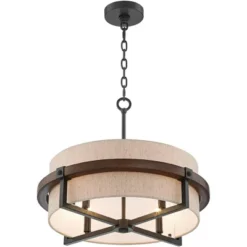 Possini Euro Design Bronze Wood Finish Pendant Chandelier 22" Wide Rustic Farmhouse Tan Fabric Drum 4-Light Fixture For Dining Room House -Safavieh Outlet Store GUEST f0d0f05a 32c1 47ab a51c ccb88a583cb8
